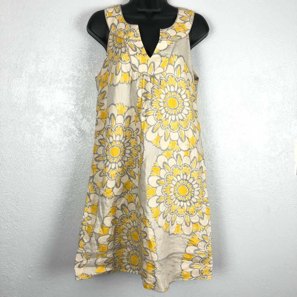 Floral Sleeveless Linen Dress in Yellow and Cream
